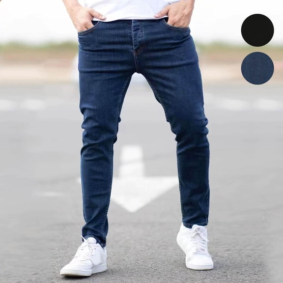 Men's Stretch Denim Jeans, Casual Pants, Trendy Trousers, Full Length, Button Zipper Fly, Fashionable Pocket, Daily | AESTIVO,Black L