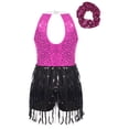 thumbnail image 4 of TiaoBug Kids Girls Sequins Tassel Latin Jazz Leotard Tango Rumba Samba Salsa Dance Dress with Hair Band Hot Pink 16, 4 of 7