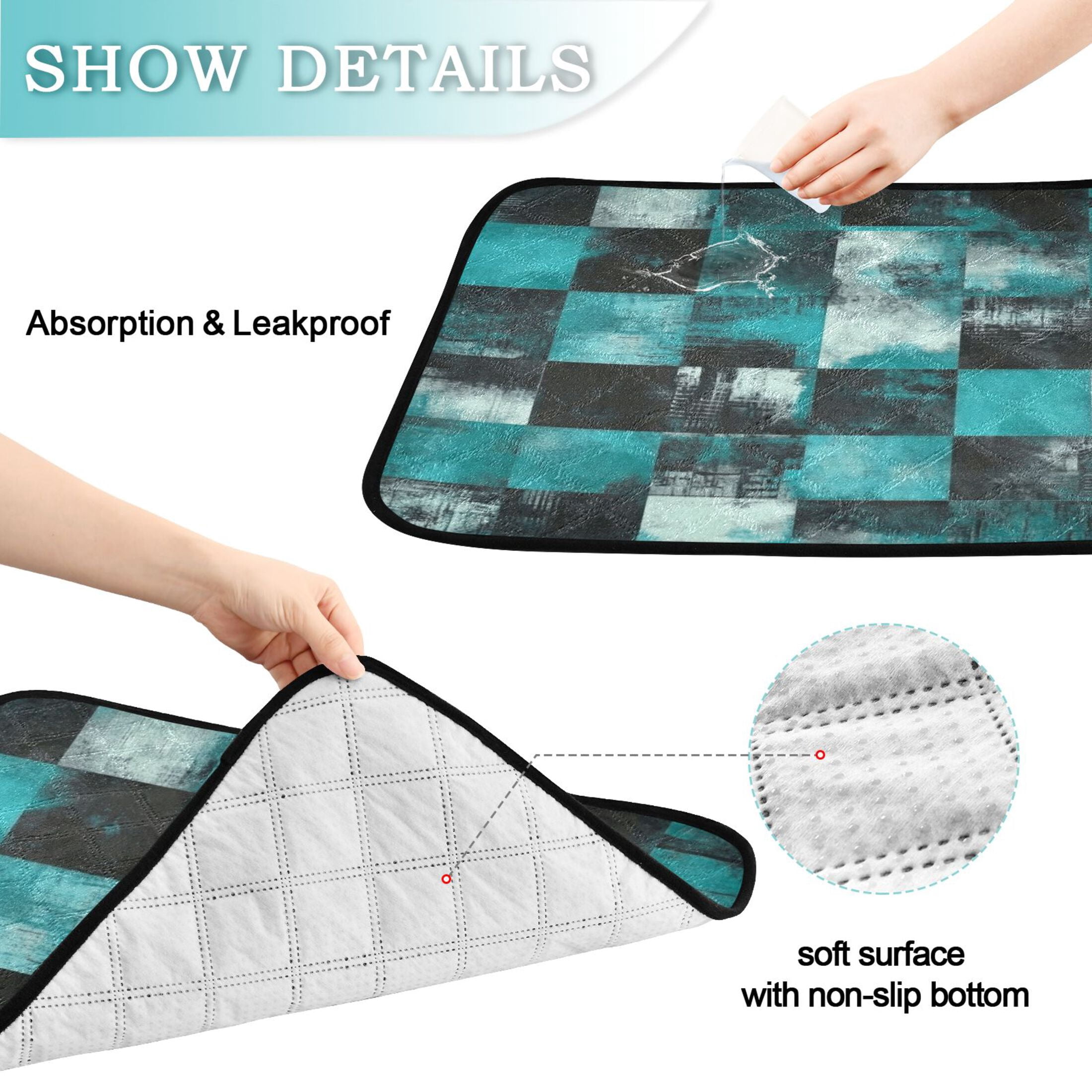 Washable Pet Pee Pads with Super Absorbent Reusable Training Pads for Dogs & Cats Teal and Black Squares