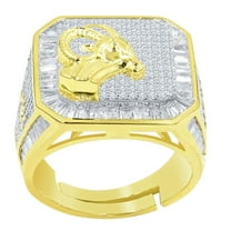 Mens 14K Gold Finish Aries Ram Zodiac Sign Astrology Horoscope Band Baguette & Round Cut Simulated Diamond Ring