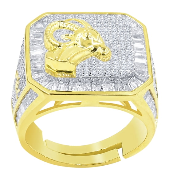 Mens 14K Gold Finish Aries Ram Zodiac Sign Astrology Horoscope Band Baguette & Round Cut Simulated Diamond Ring