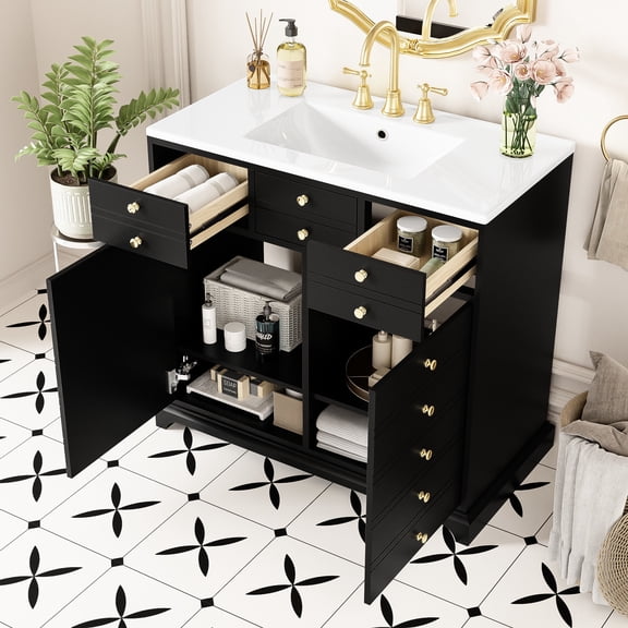 36'' Vanity with Ceramic Sink | High Quality MDF & Smooth Drawer | Bathroom Function