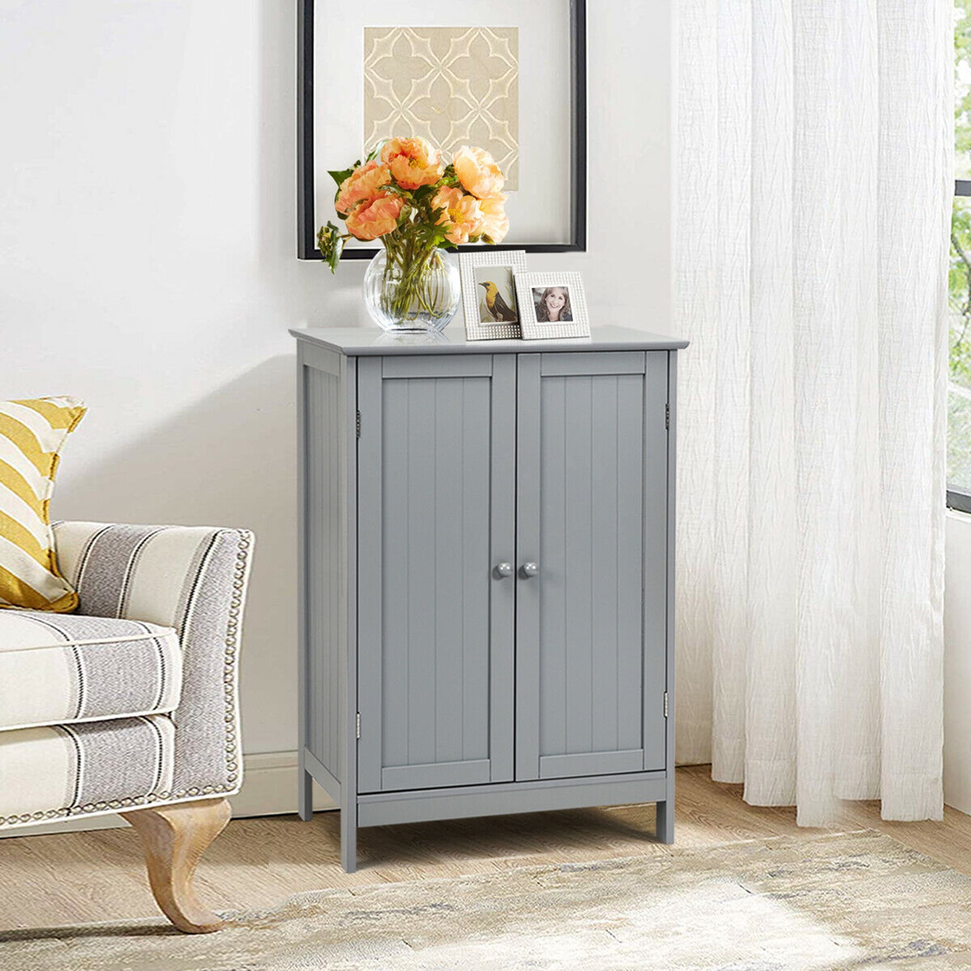 Gymax Bathroom Wooden Floor Storage Cabinet Living Room Modern Grey