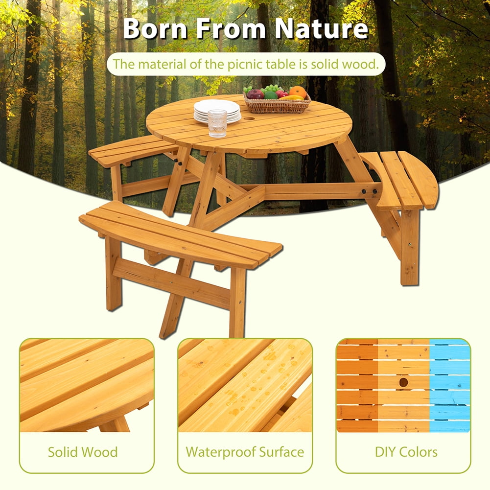 Kadyn 6-Person Outdoor Wooden Picnic Table, Circular Picnic Table Bench Set for Patio, Modern Picnic Table with 3 Built-in Benches, Natural