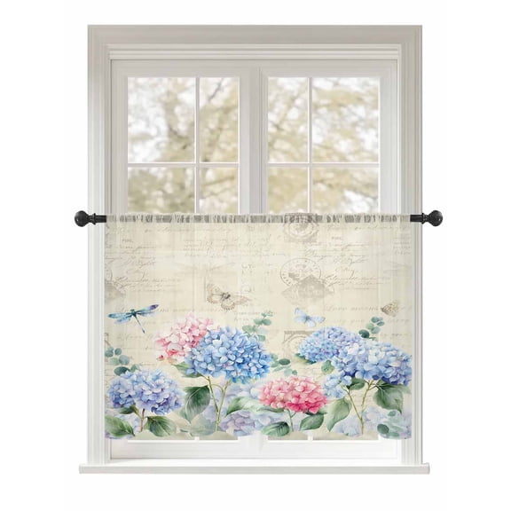 Sheer Curtains 54 Inch Length, Blue Hydrangea Semi Sheer Curtains Light Filtering Window Treatment, Pink Flowers Spring Botanical Country Plants Privacy Voile Drapes for Living Room 52x54 Inch