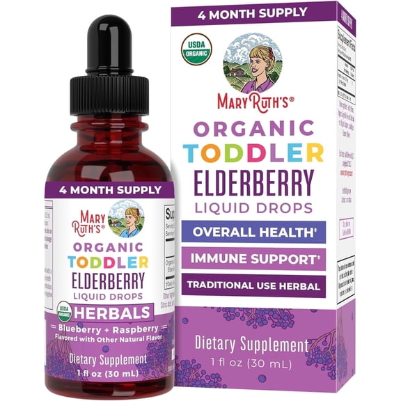 MaryRuth's Elderberry Liquid Drops for Toddlers Ages 1 to 3, USDA Organic Herbal Supplement, Immune Support, Overall Health, Vegan, Unisex, 1 fl oz