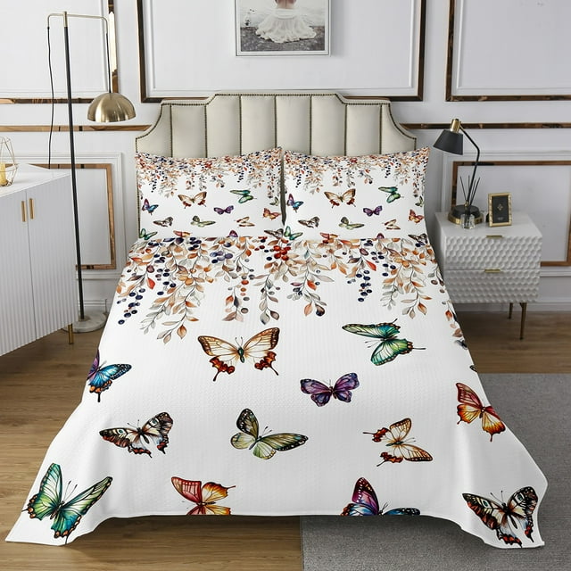 Erosebridal Chic Butterfly Coverlet Set Twin for Girls, Botanical Eucalyptus Bedding Set, Microfiber 2pcs
