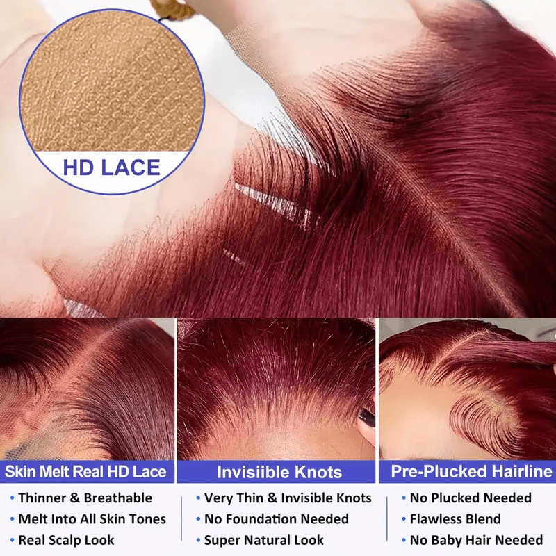 99J Burgundy Lace Front Wig Human Hair 13X6 Body Wave Lace Frontal Wigs Transparent Frontal Wig Colored Pre Plucked 200 Density Wine Red Wigs 26inch