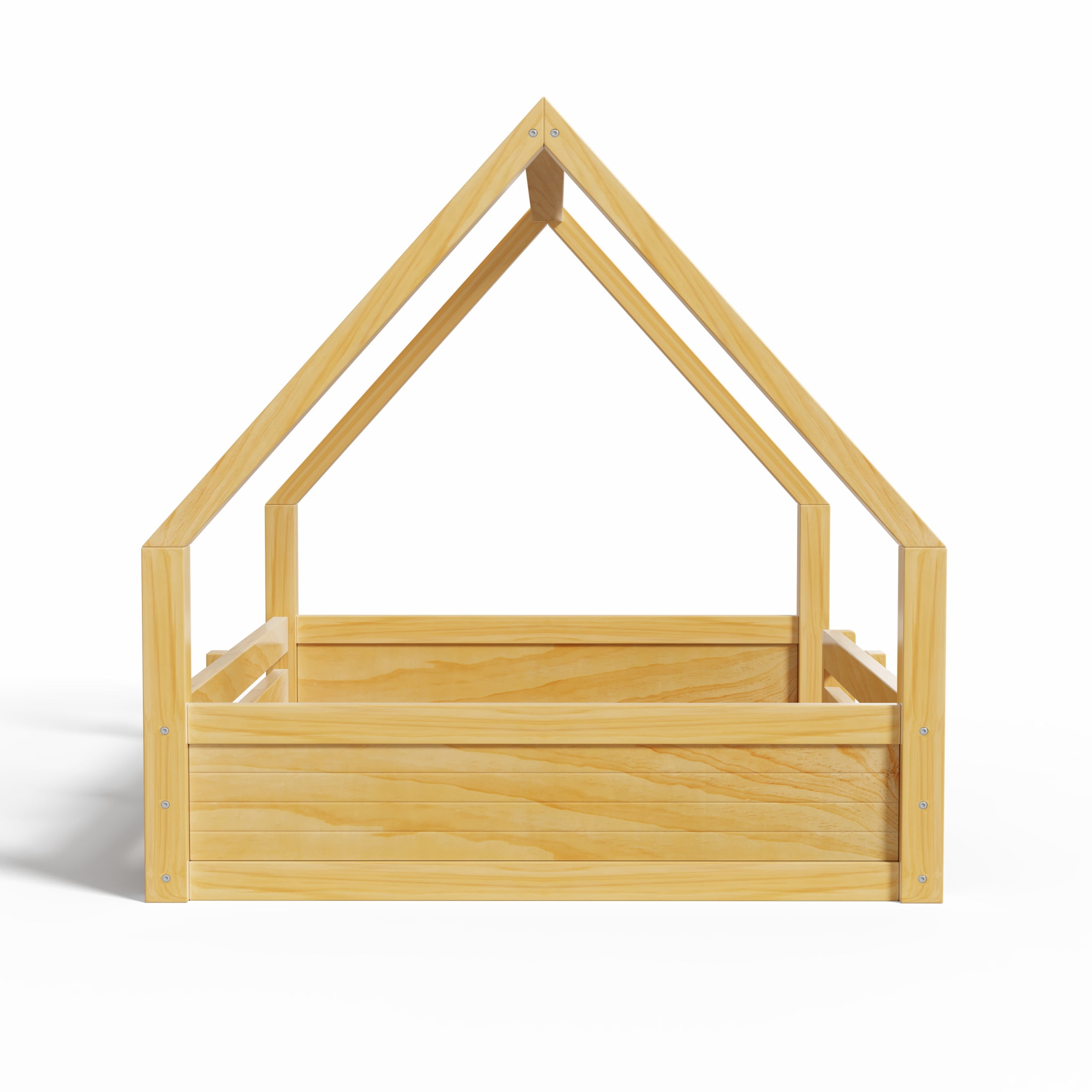 Noble House Salma Full Size House Floor Wooden Bed with Roof Frame & Grooved Panels, Safety Guardrails, Natural