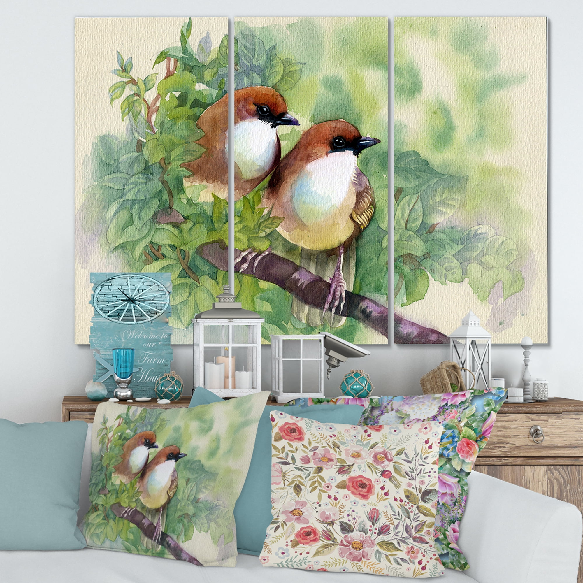 Designart ' Birds Of Spring Sitting On Branch ' Traditional Canvas Wall Art Print