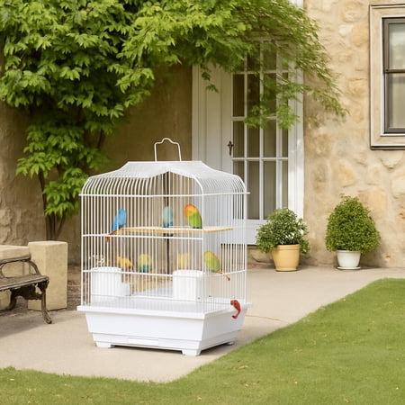 Bird Cage for Parakeets, Lovebirds, Cockatiels, Conures, Canaries – Portable with Handle and Wheels – Spacious Travel Carrier – Removable Tray, Wooden Perch, Twin Compartments