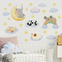 Animals Sleeping in Clouds Wall Decals Panda Koala Cat Wall Stickers with Star Moon Wall Decor Vinyl Wall Decoration for Baby Nursery Kindergarten Kids Bedroom Living Room