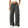 thumbnail image 5 of CLOISE Women's Cargo Pants with Pockets Drawstring Waterproof Mid Waist Straight Leg Long Pants Elastic Waist Solid Baggy Vacation Outfits Gray S, 5 of 5