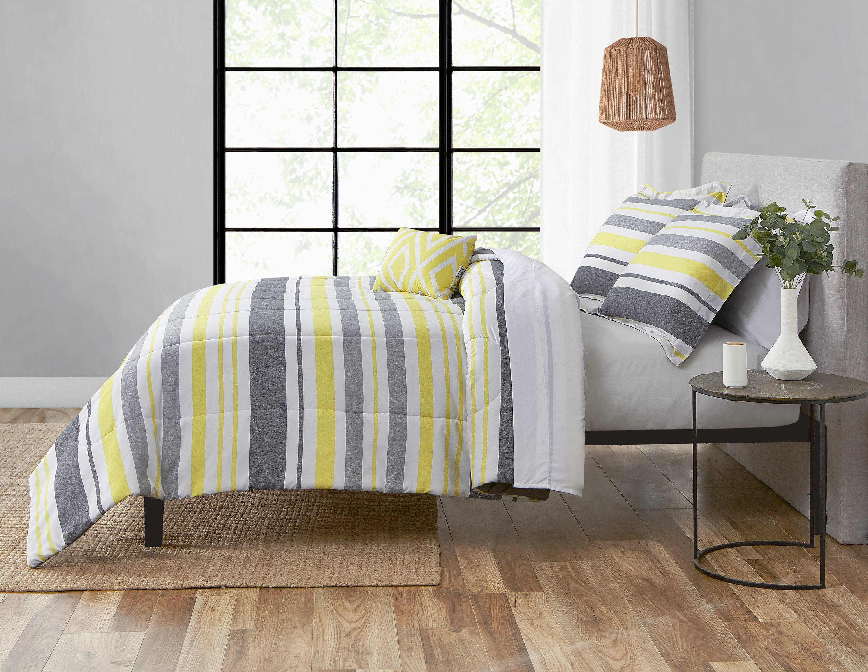 Mainstays 8-Piece Bed-in-a-Bag Comforter Set with Sheets, Gray and Yellow Stripe, Full