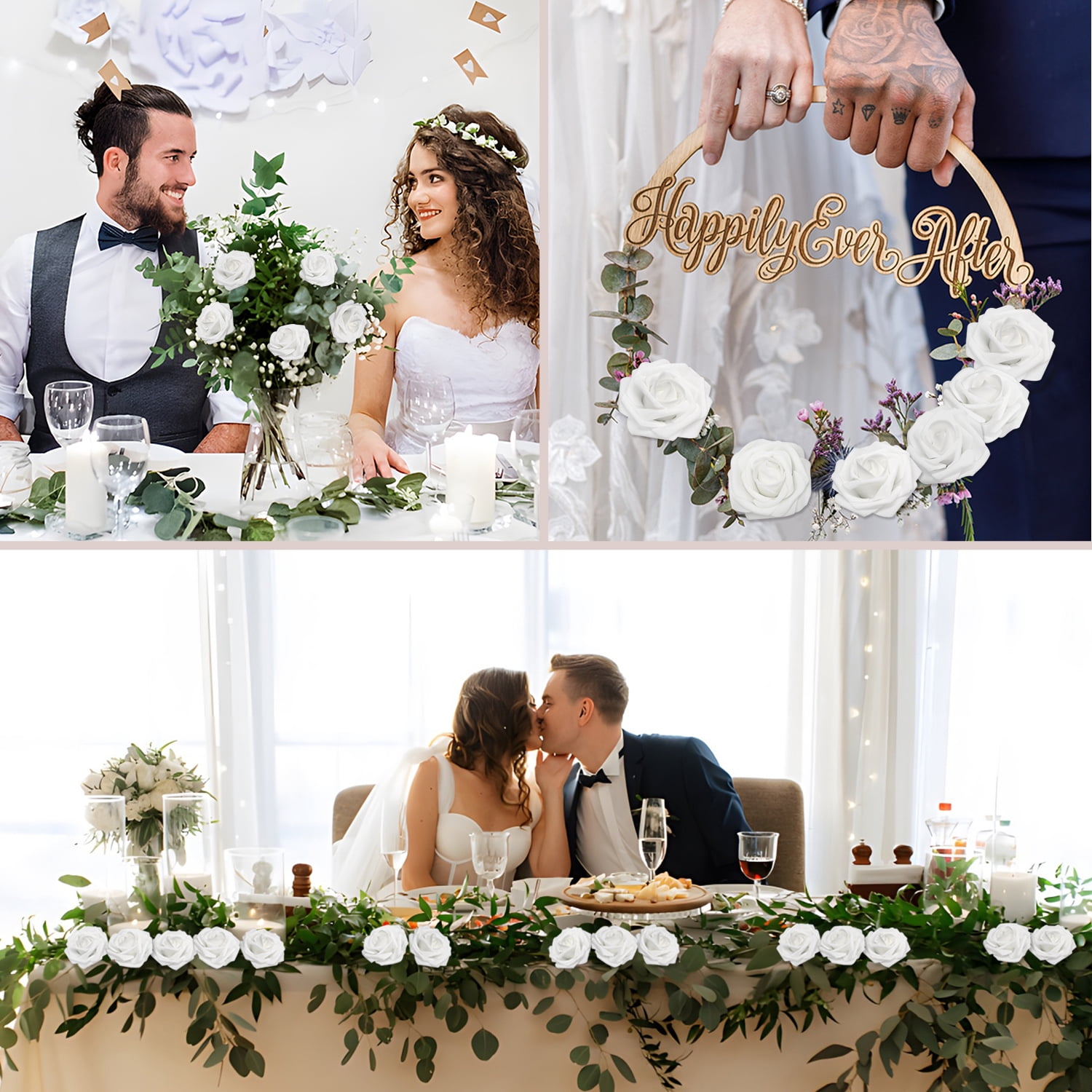 Artificial Flowers White Roses 100PCS Real Looking Foam Fake Roses with Leaves and for DIY Wedding Bouquets Bridal Shower Centerpieces Party Decorations