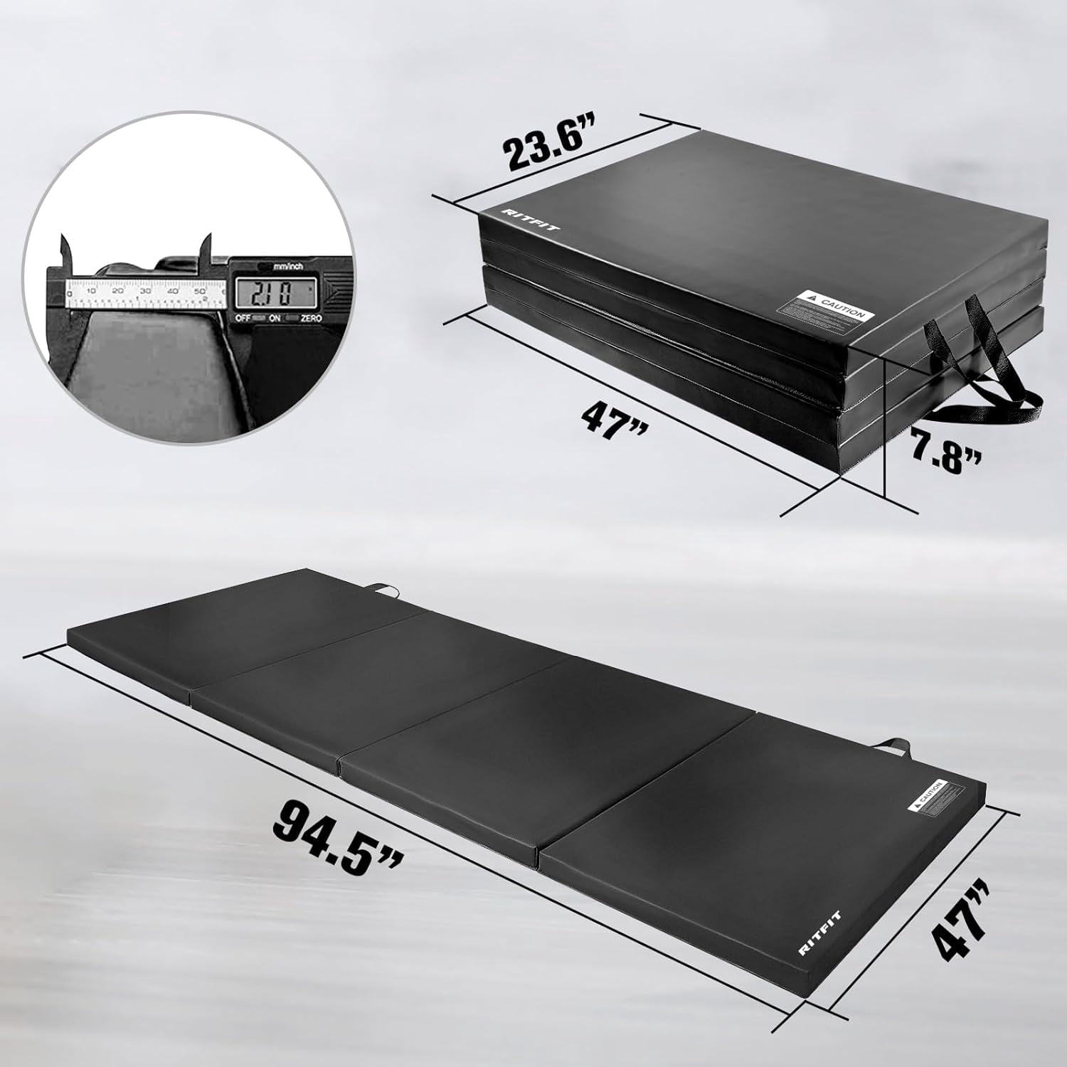 RitFit 4' x 8' Folding Gymnastics Mat with Carrying Handles for Yoga, Stretching, Core Workouts(Black)