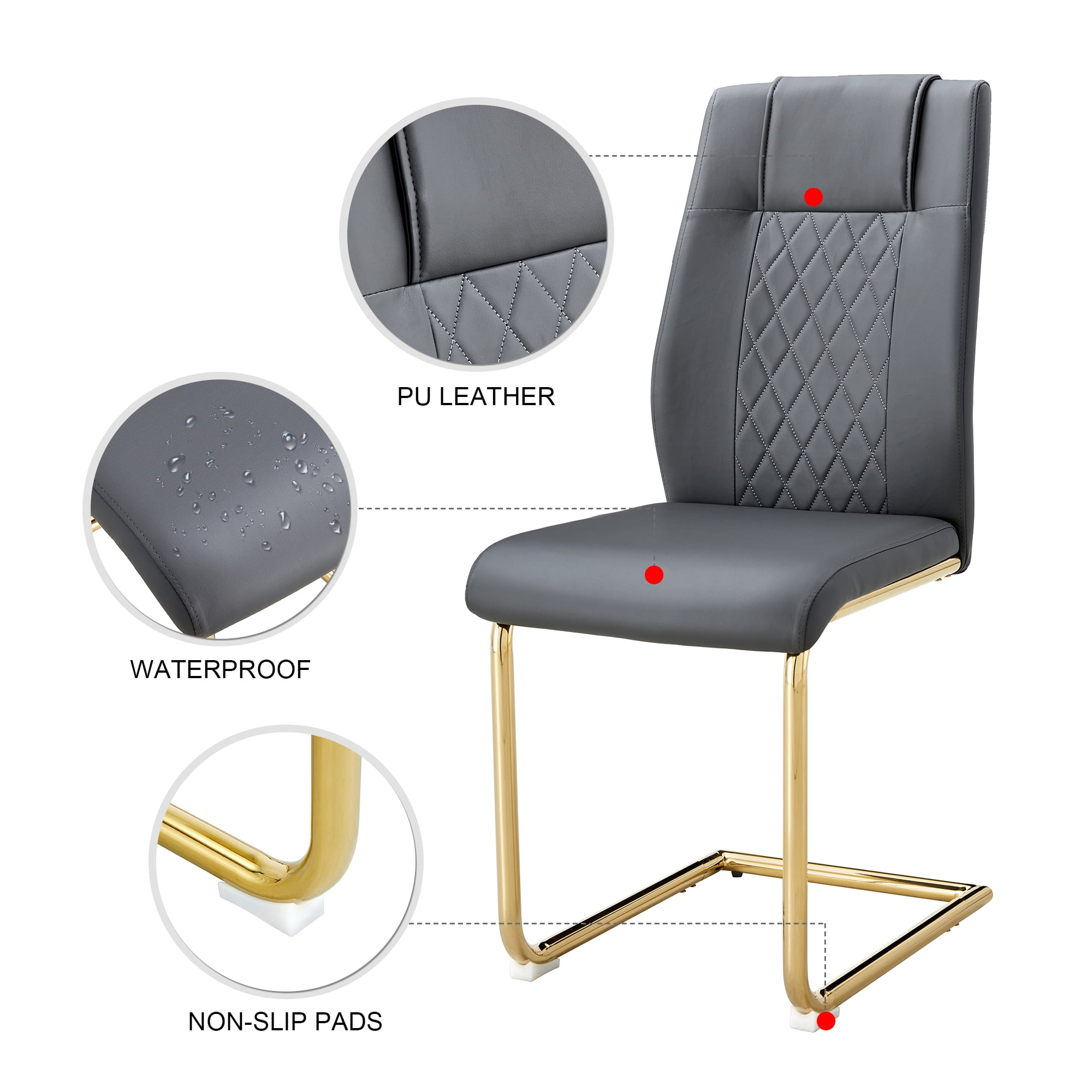 NYEESS Set of 4 Dark Gray Armless Dining Chairs with Waterproof Faux Leather Upholstered Seat Gold Electroplated Metal Frame for Kitchen Dining Room