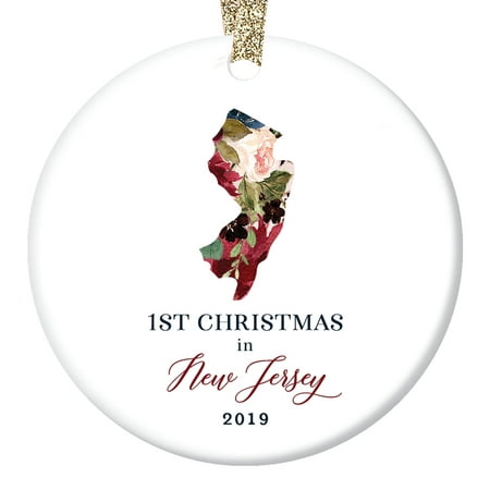 Christmas Tree Ornament 2019 Keepsake 1st First Holiday Living In NEW JERSEY U.S.A. Ceramic for Family Friends Coworker Pretty Floral 3