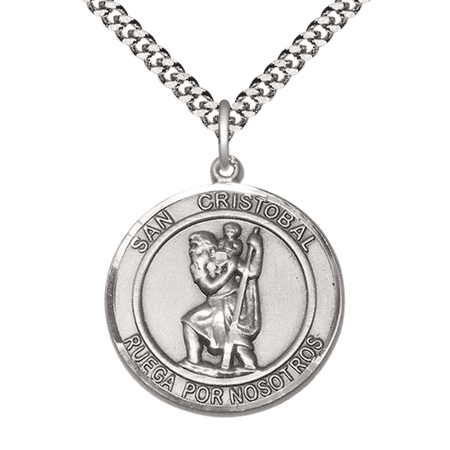 Mens 1 x 7/8" Round Pewter San Cristobal Medal Pendant on 24" Rhodium Plated Heavy Curb Brass Chain with Lobster Claw clasp, Catholic Religious Necklace -Made in USA- Deluxe Velvet Gift Box