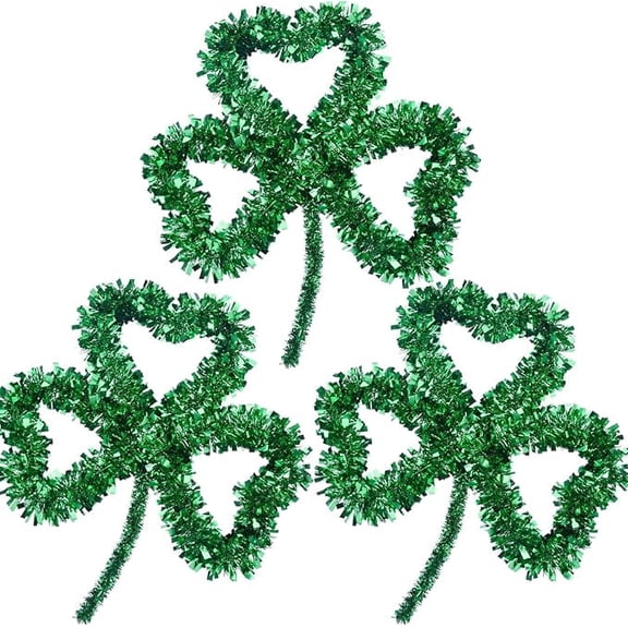 3 Pack Irish St. Patrick's Day Green Shamrock Tinsel Wall Decoration, Hanging Wire Wreath for Party Supply Home Window Wall Farmhouse Office Indoor Outdoor Decor, 13 x 12 Inches