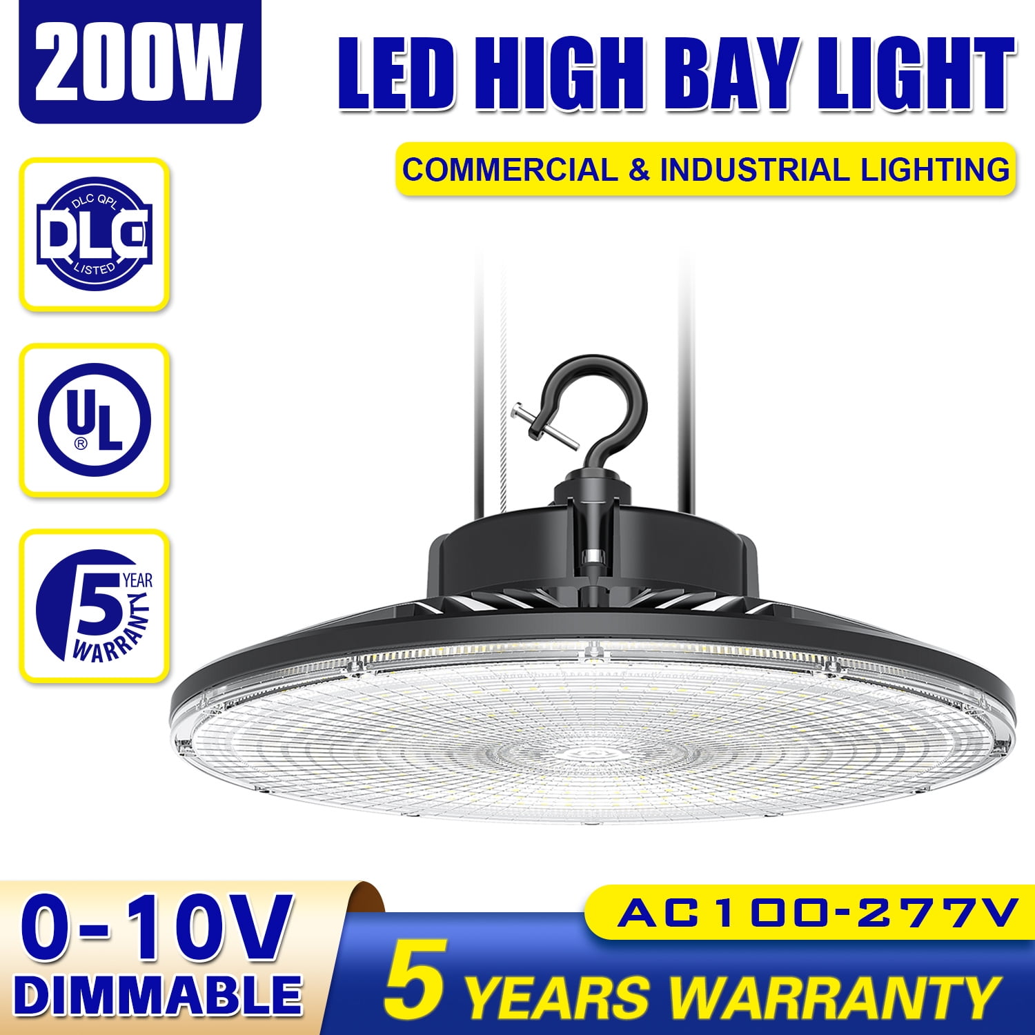 200W UFO LED High Bay Light - 30,000LM, 1-10V Dimmable, IP65, With 5ft Cord & Hook For Warehouse/Workshop