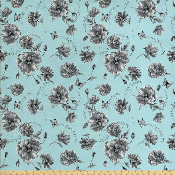 Ambesonne Vintage Fabric by the Yard Upholstery, Monochrome WildFlowers, 2 Yards, Charcoal Grey Pale Blue