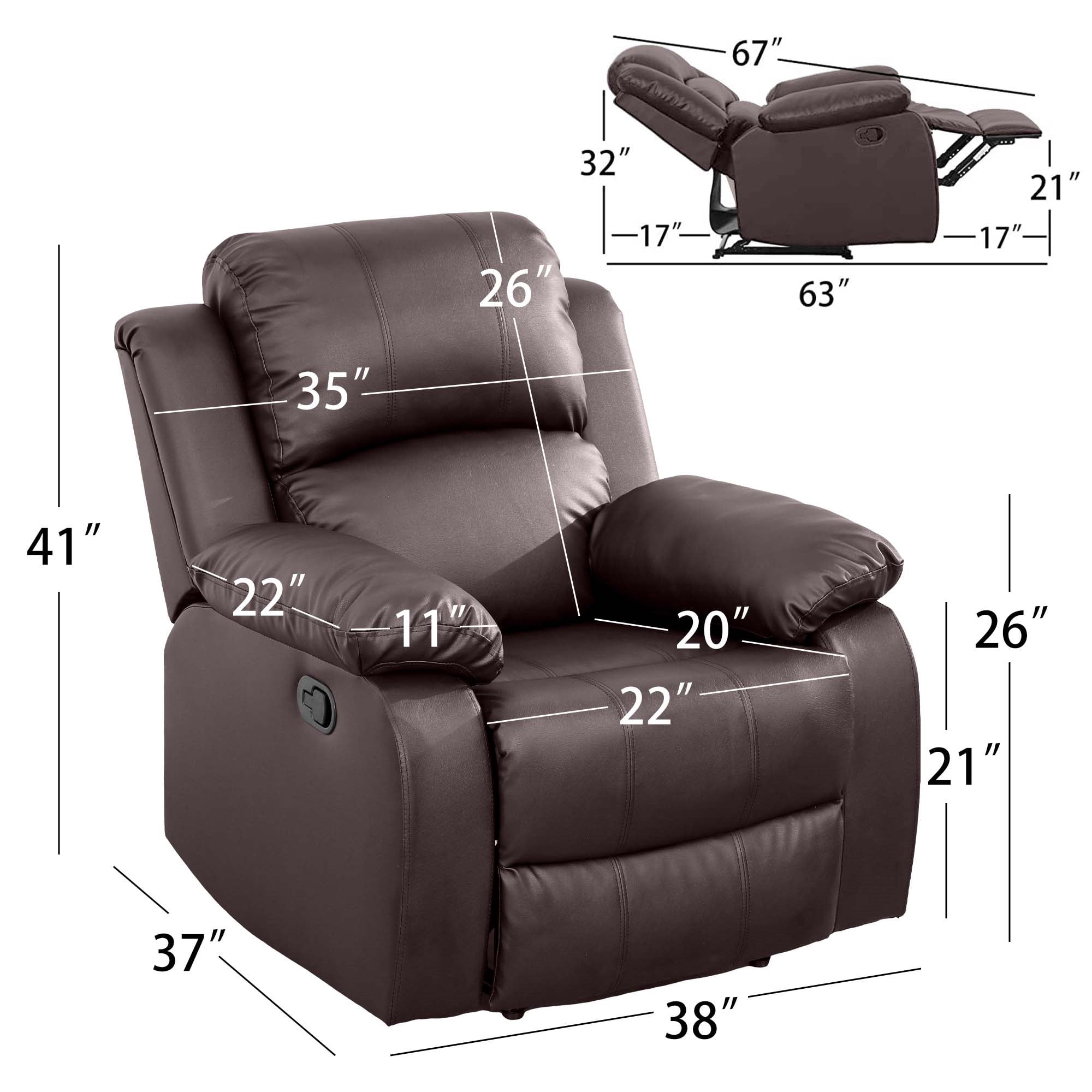 Aukfa Leather Recliner Chair Overstuffed Armchair Single Sofa w/ Lumbar Support for Living Room, Brown