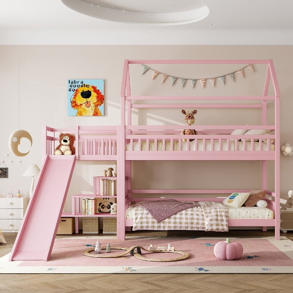 Twin Size Bunk Bed Frame with Slide,House-shaped Bed Frame with Storage Stairs for Bedroom, Apartment, Mattress not included, No Spring Box Required, 2 Layout Options,Noise-free Design, Pink