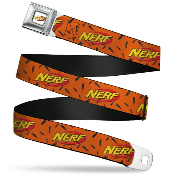 Nerf Belt, Seatbelt Buckle Belt, Nerf Logo Darts Scattered Orange Black, 30 to 44 Inches