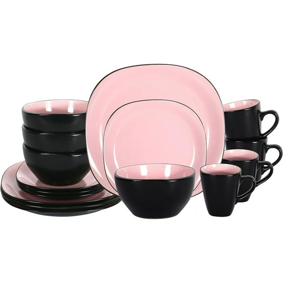 Stoneware Square 16pc Dinnerware Set, Inside Shiny Rose Outside Matte Black