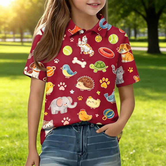 Girls T Shirts Short Sleeve Henley Cute Cartoon Animal Print Polo Shirts Button Closure Active Comfy Back to School Uniform, 130