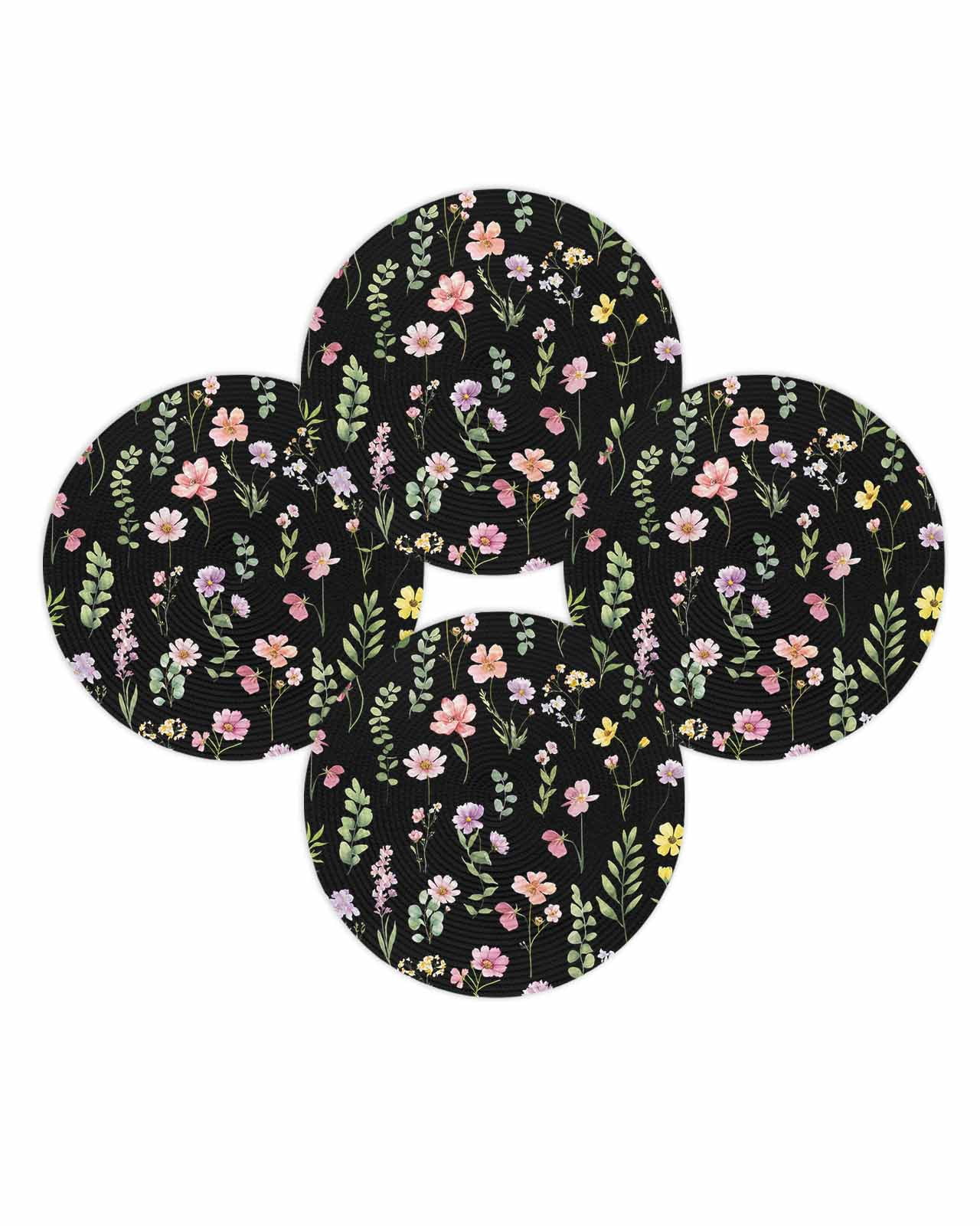 13 Inch Round Placemats Set of 4, Pink Spring Floral Non Slip Heat Insulation PP Table Mats, Flowers Botanical Elegant Pastoral Black Washable Place Mats for Kitchen Dining Party Table Decor