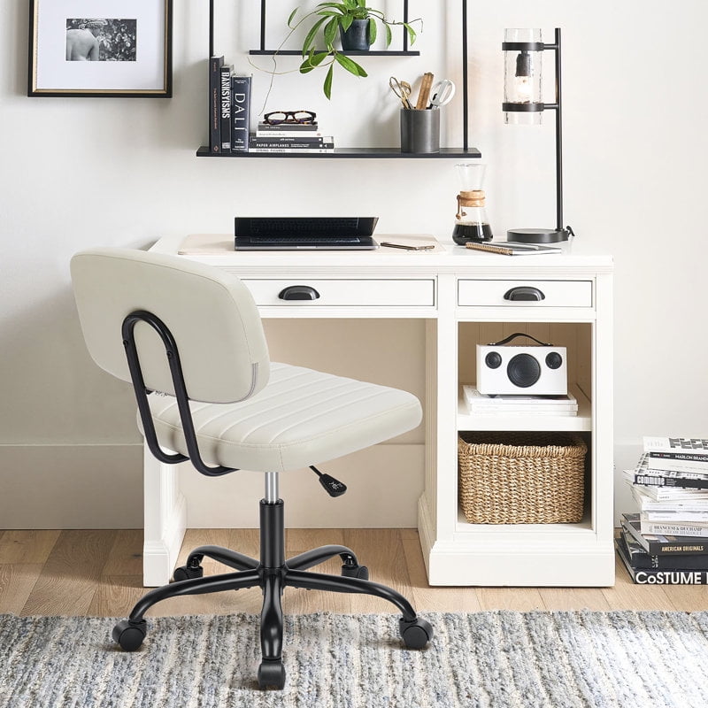 Desk Chair, Armless Activity Chair with Wheels, Comfy Low Back Swivel Task Chair, White