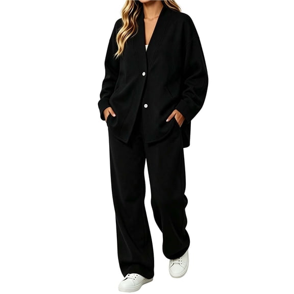 Lmueinov Womens 2 Piece Outfit Set Fleece Sweatsuit Button Down Sweatshirts Cardigan and Straight Leg Sweatpants for Women Lounge Set with Pockets
