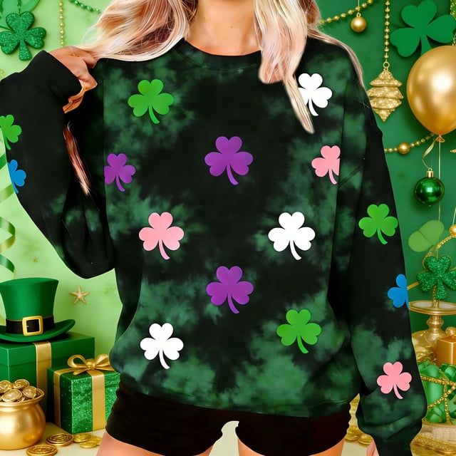 TaTaai Womens St. Patricks Day Long Sleeve Crew Neck Sweatshirt Shamrock Clover Print Festive Casual Loose Fit Pullover Top Soft Comfortable Daily Wear Shirt Gift