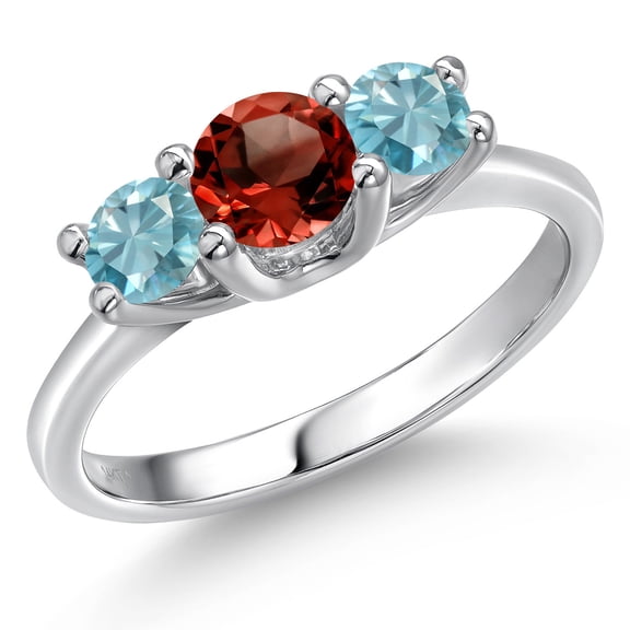 Gem Stone King 14K White Gold Red Garnet & Blue Zircon 3-Stone Engagement Ring | 1.55 Cttw | Round 5MM and 4MM | Three Stone Wedding Anniversary Promise Ring for Women (Size 6)