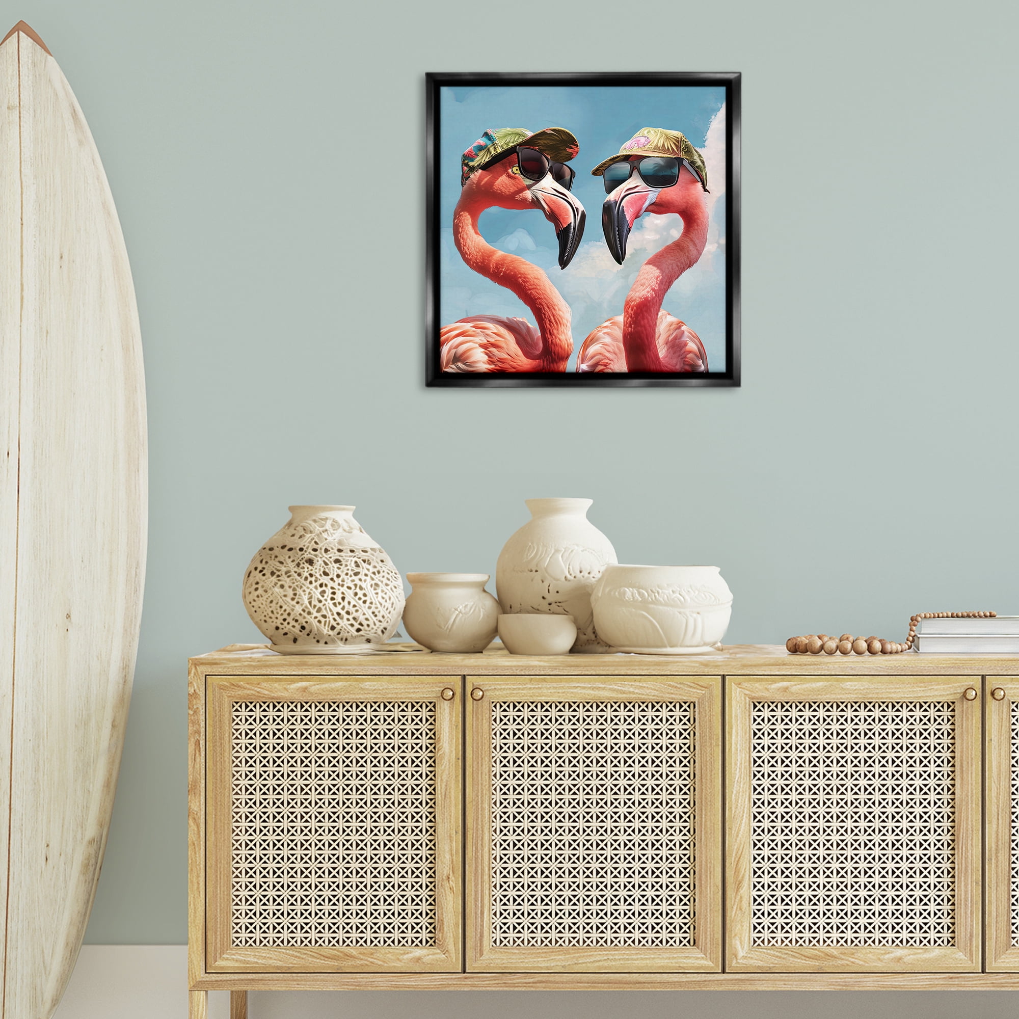Stupell Industries Flamingos with Tropical Hats Animals Painting Black Floater Framed Canvas Art Print Wall Art, 25 x 25