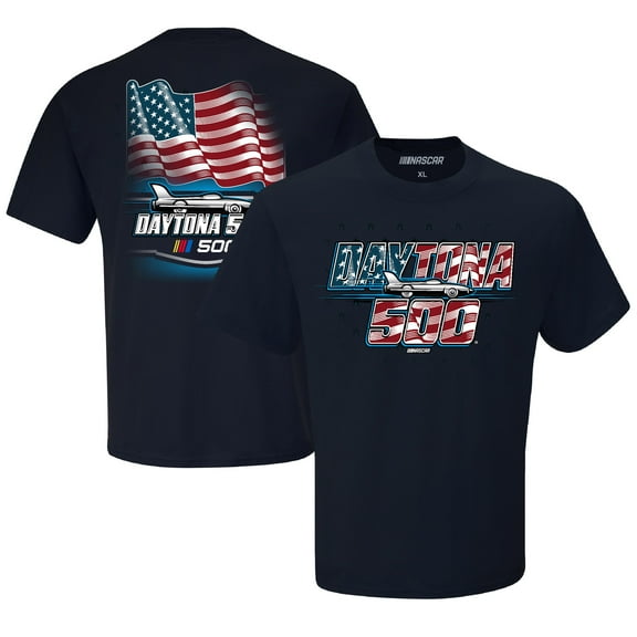 Men's Checkered Flag Sports Navy Daytona International Speedway 2025 Daytona 500 American Flag T-Shirt
