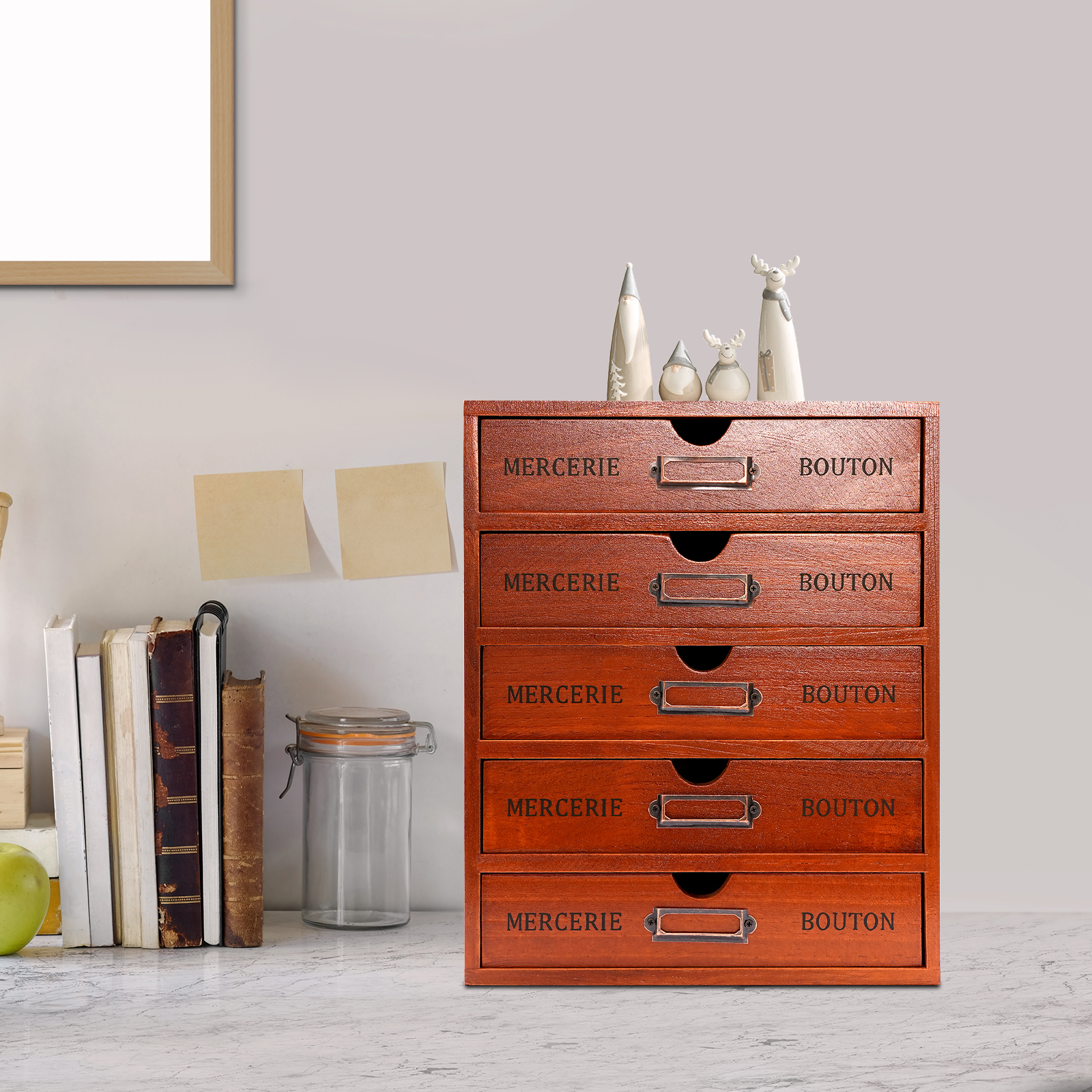 Peakora 5-Drawer Wooden Desk Organizer Pine Wood Storage Drawers Vintage Shelf Drawer Desktop Organizer with Drawers Retro Style Storage Box Desktop Storage for Office Study Bedroom, Dresser