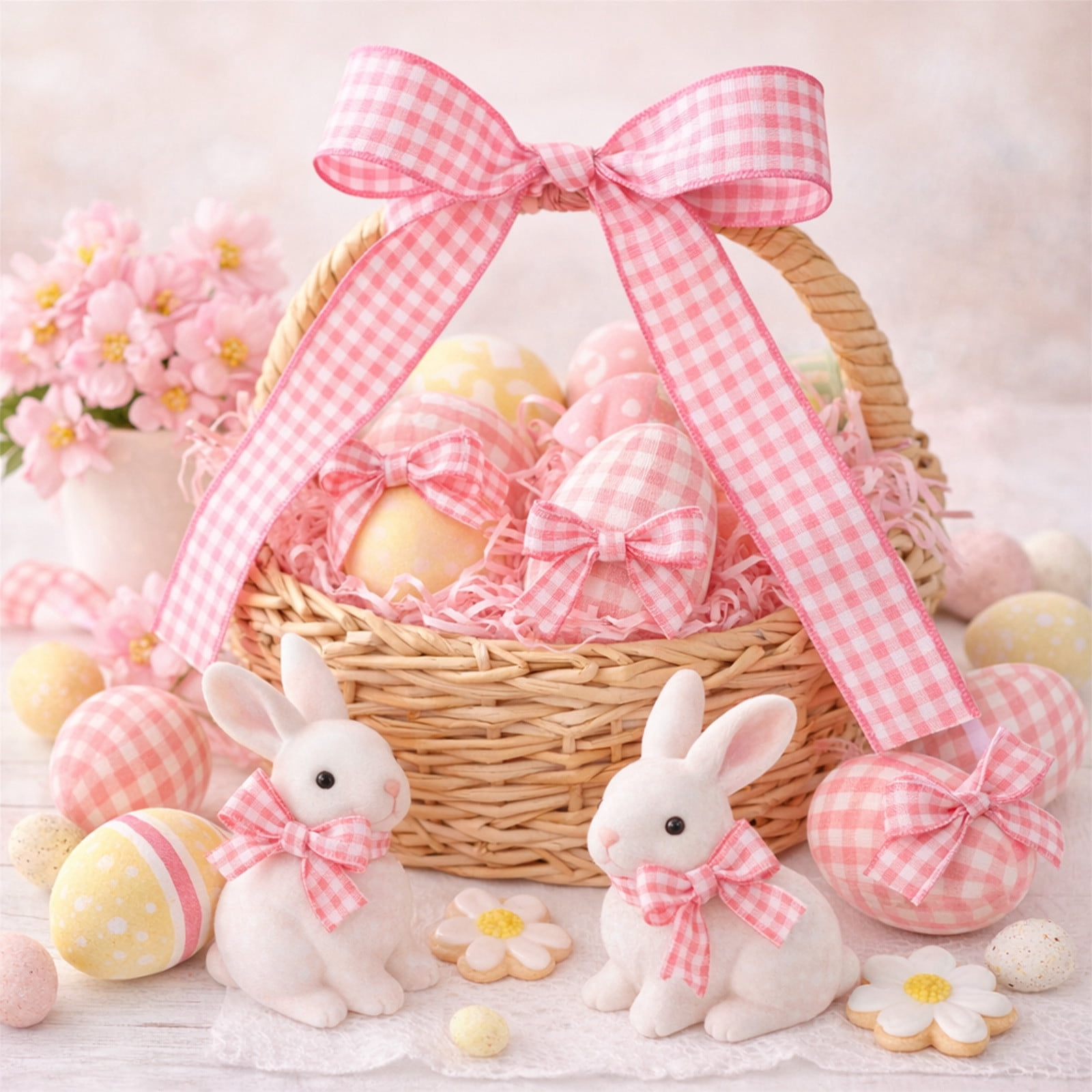DAMAI Easter Wired Edge Ribbon Spring Floral Bunny Wired Ribbon Watercolor Easter Rabbit Flower Fabric Craft Ribbon for Gift Wrapping Floral Arrangement Wreath Bow DIY Crafts