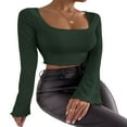 thumbnail image 4 of Women Solid Color Ribbed Square Neck Lettuce Hem Show Navel T-Shirts Spring Autumn Flare Long Sleeve Slim Crop Tops Black M, 4 of 6