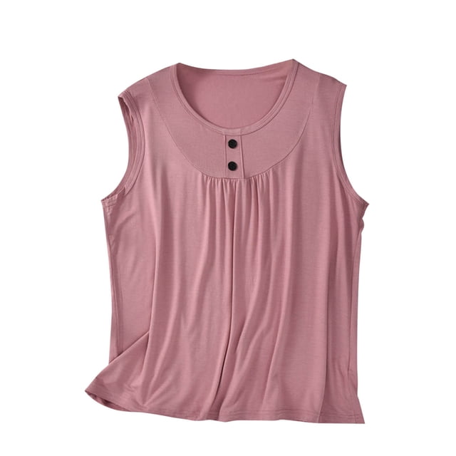 UPPADA Débardeurs pour Femmes Grande Taille Col Ras du Cou à Boutons devant Chandails à Enfiler Hauts T-Shirts d'Été Chemisiers Coupe Ample Ourlet Fluide Chandail à Enfiler Rose,2TG
