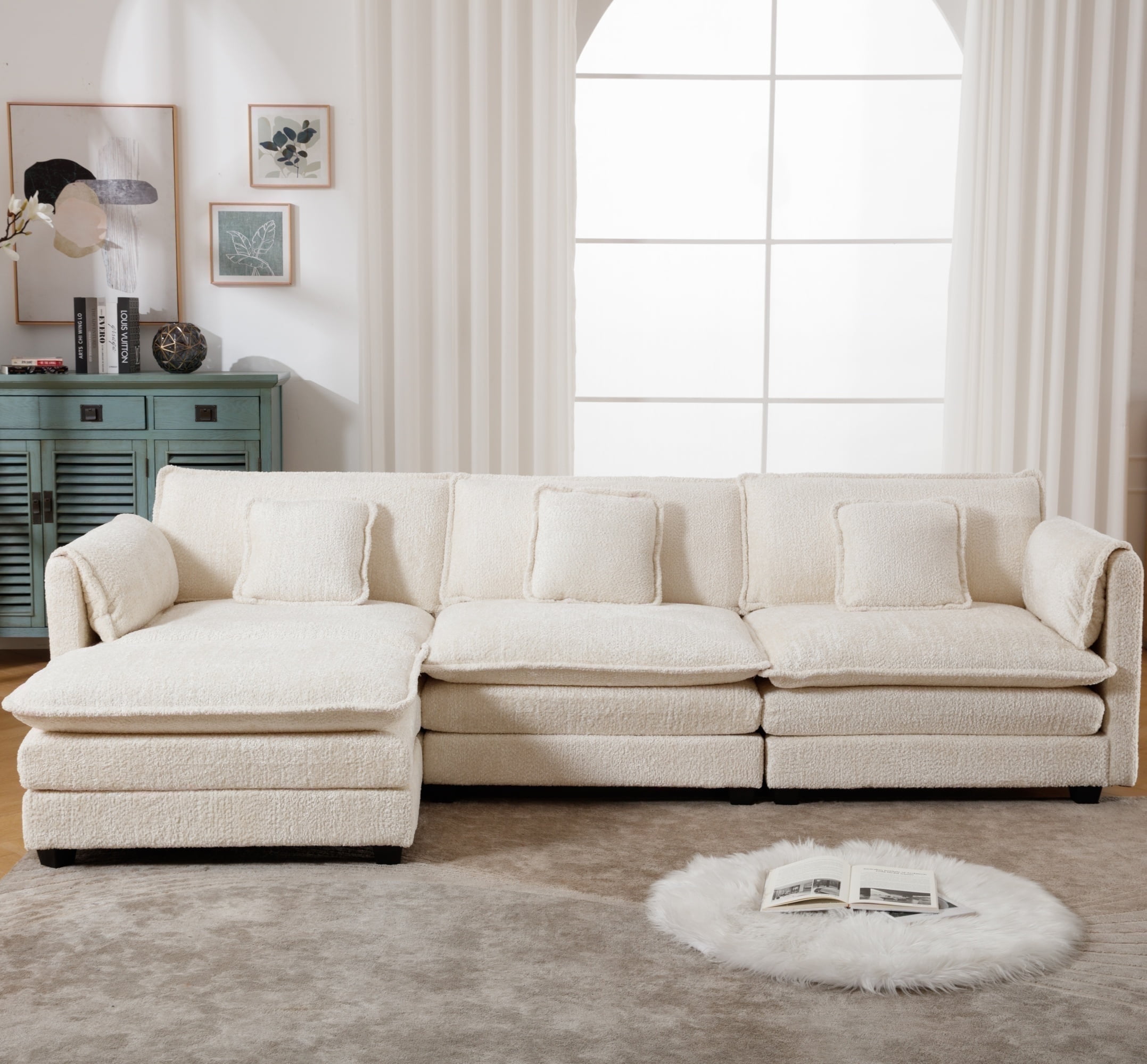 GNIXUU 112" Oversized Sectional Sofa Cloud Couch for Living Room, Modern Chenille L Shaped Couch, Comfy Boucle Modular Sofa Sleeper with Moveable Ottoman & Memory Foam (Beige)