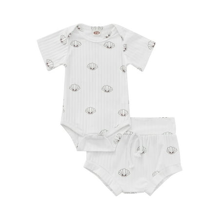 

TFFR Baby Summer 2PCS Romper Shell Ribbed Short Sleeves Envelope Neck Snap Romper Same Style Short Straps Triangle Pants