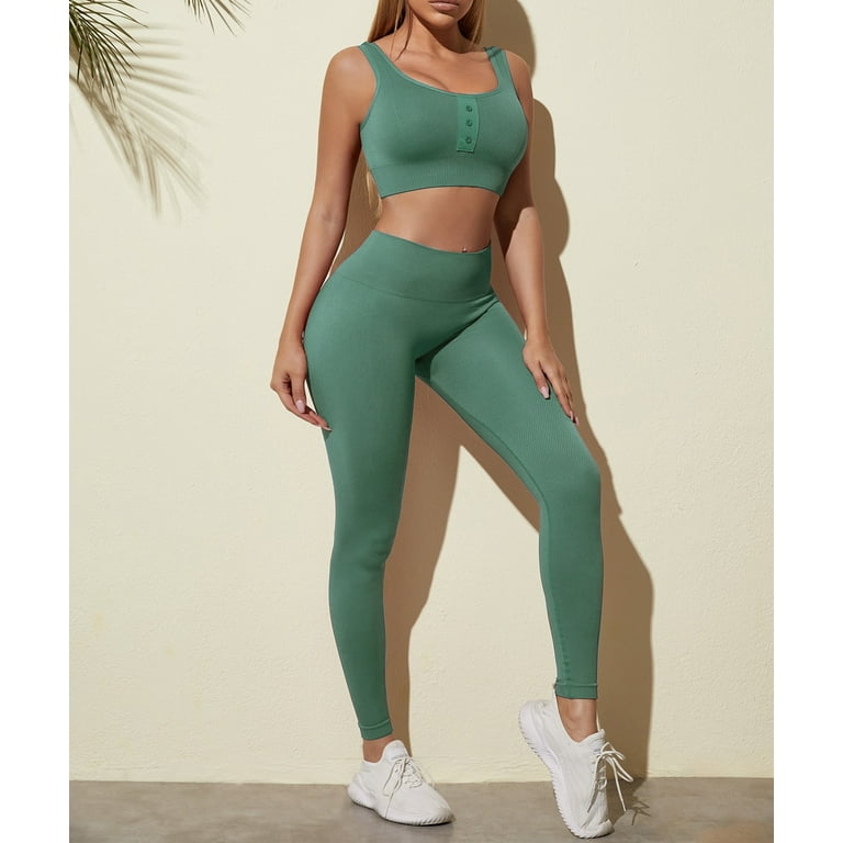 Zimi Workout Outfits for Women 2 Piece Seamless Rib-knit Sports Bra High  Waist Yoga Leggings Sets Green S 