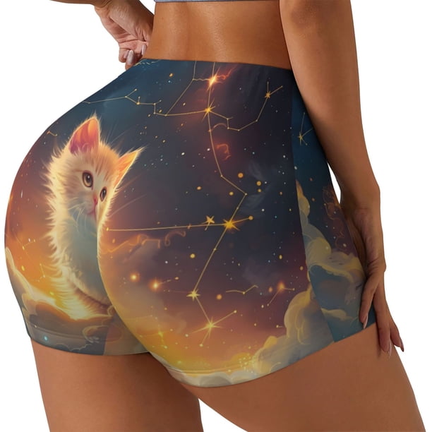Fotbe Starry Sky Constellation Cat Shorts Sin Costuras – Shorts Deportivos de Cintura Alta para Mujer, Elásticos para Gimnasio, Yoga, Running o Ciclismo-Small