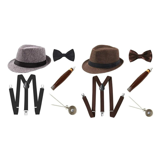 2 Juegos de Disfraces de Charleston Disfraz de Carnaval de Los años 20 Disfraz de Hombre con Sombrero Fedora - Gris + Café Sunnimix Trajes De Cosplay Para Hombres