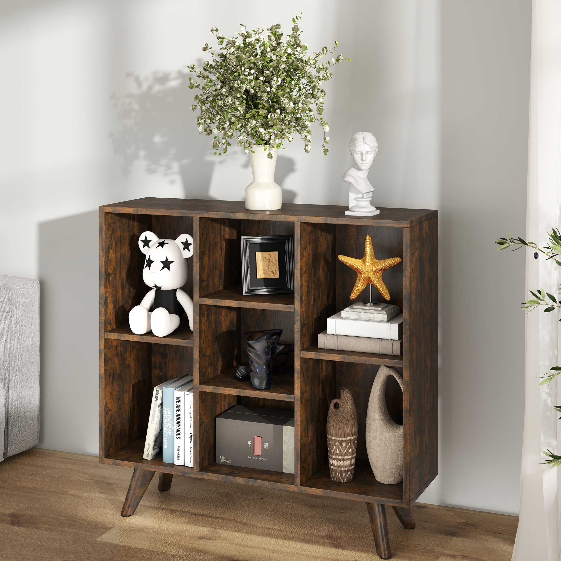 Manxile 3 Tier Cube Bookshelf, Retro Wood Bookshelves Storage Organizer Shelf, Freestanding Open Book Shelves