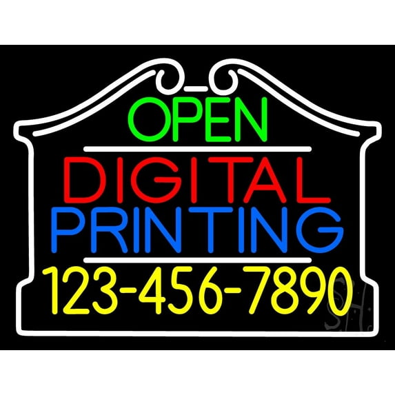 Open Digital Printing With Phone Number LED Neon Sign 24 x 31 - inches, Clear Edge Cut Acrylic Backing, with Dimmer - Bright and Premium built indoor LED Neon Sign for Computer & Electronics store.