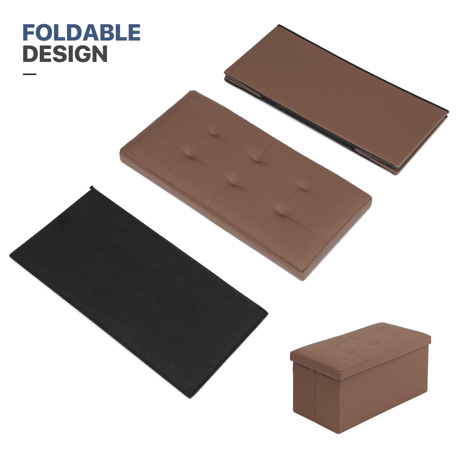 MoNiBloom 30" Folding Storage Ottoman Bench, PU Leather Collapsible Footrest Ottoman with Storage, for Living Room Bedroom Entryway, Brown